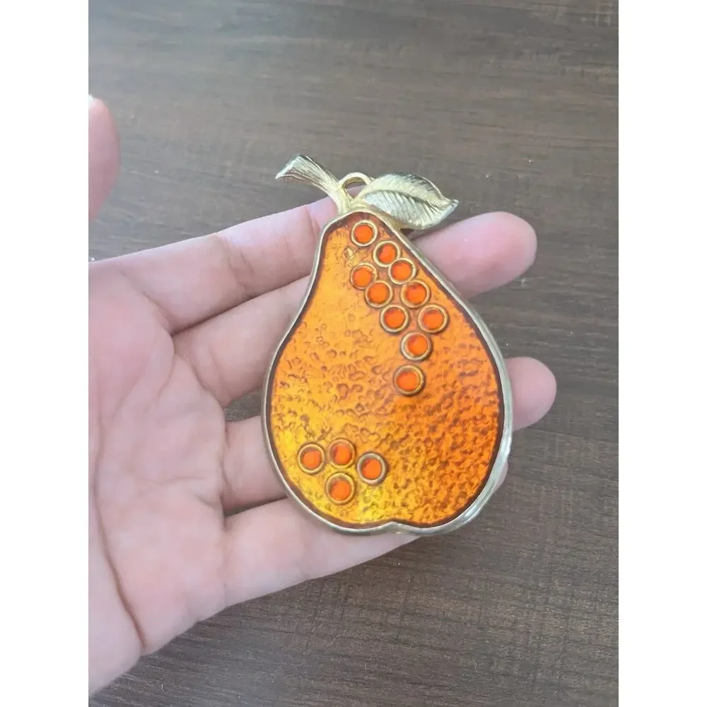 Vintage Beautiful Brass Pocket Mirror Pear Shape Orange Color Bedazzled